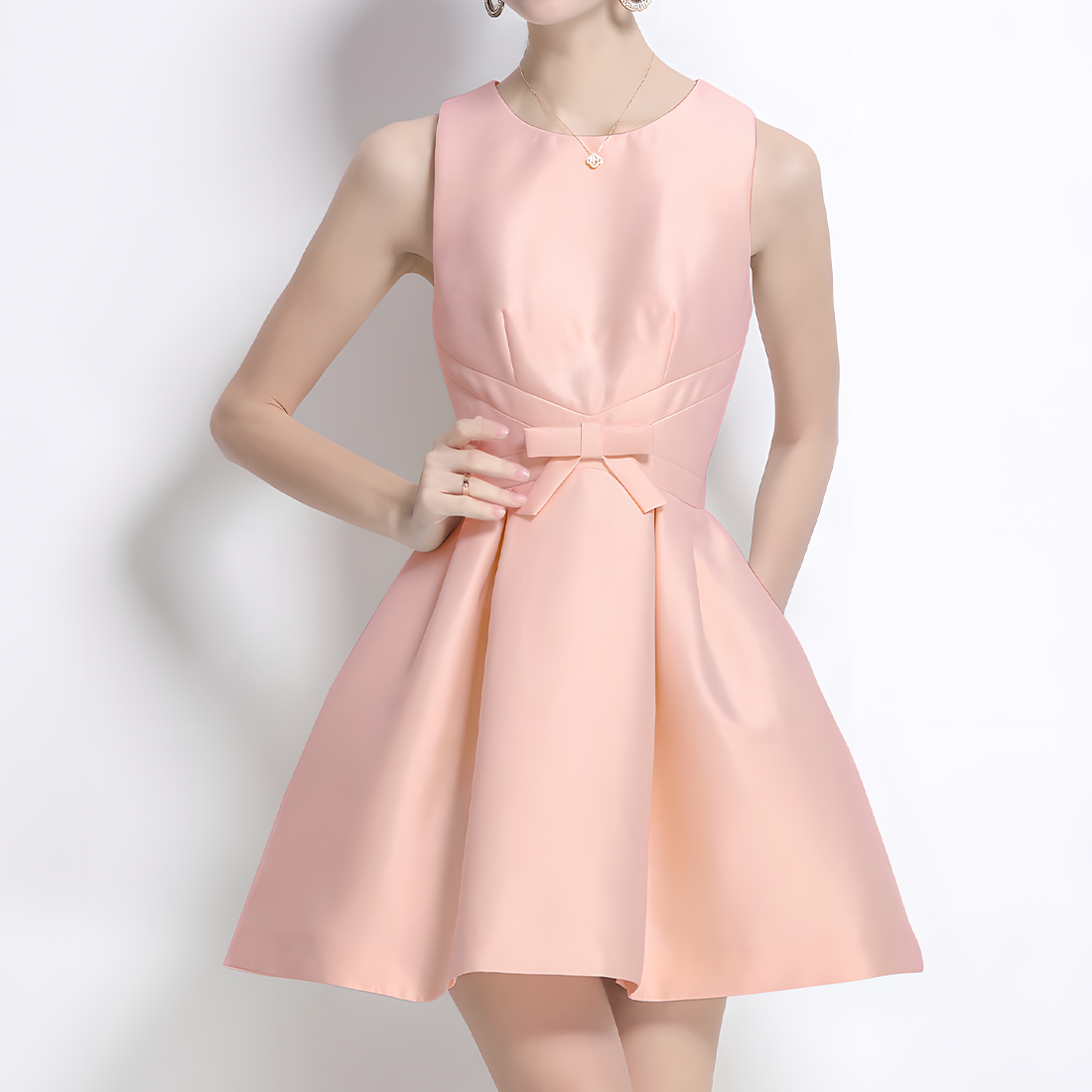 Round Neck Sleeveless Dress with Bow Detail