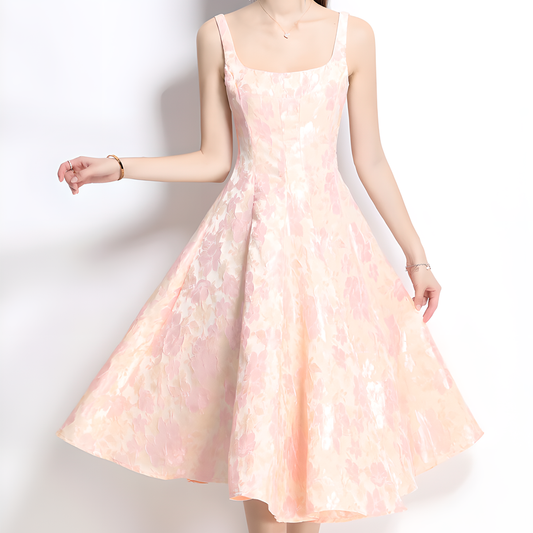 French Square Neckline Dress With Floral Pattern