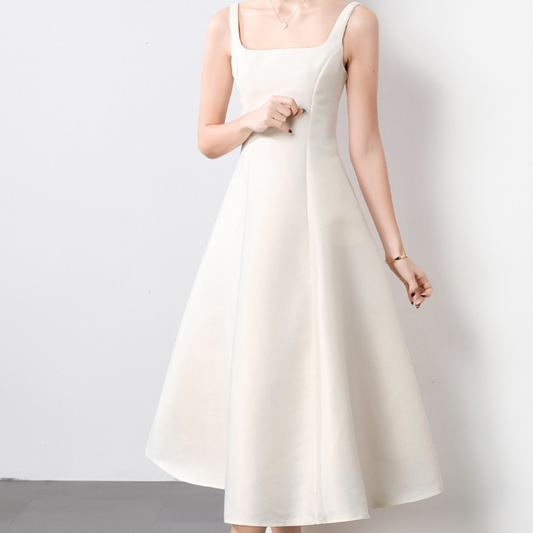 Elegant Square Neck Satin Midi Dress - Beige