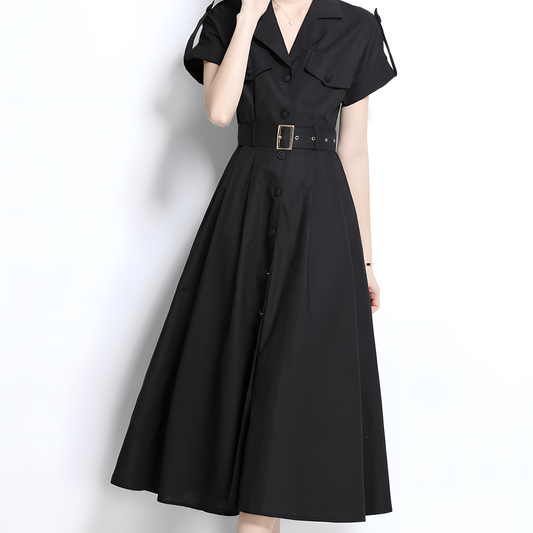 Black Short-Sleeve Shirt Dress with Belt