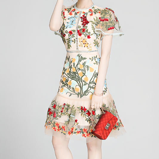 Floral Embroidered Mesh Short-Sleeve Dress