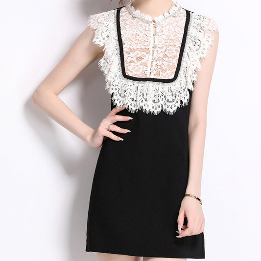 Chic Lace-Trimmed Dress with Sleek Silhouette