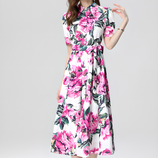 Floral Print High-Waist Flared Midi Dress