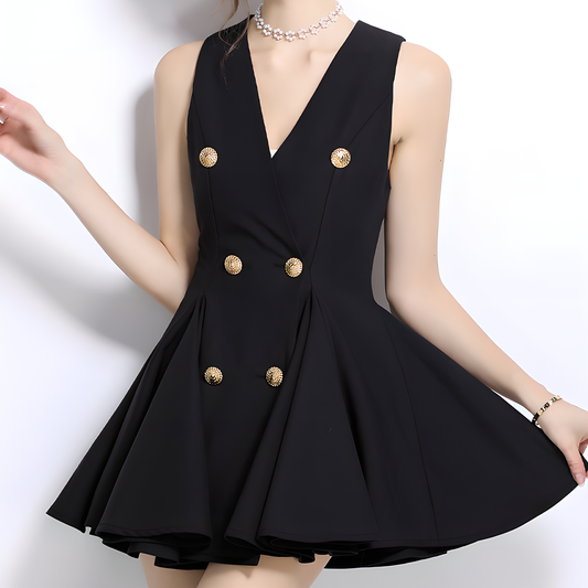Luxury V-Neck Sleeveless Dress with Gold Buttons