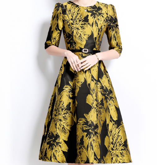 Vintage-Inspired Jacquard Dress with Belt