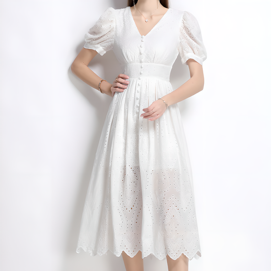 Casual White Lace Dress with Puff Sleeves