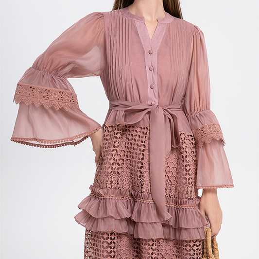 French Vintage Lace Patchwork Bell Sleeve Dress