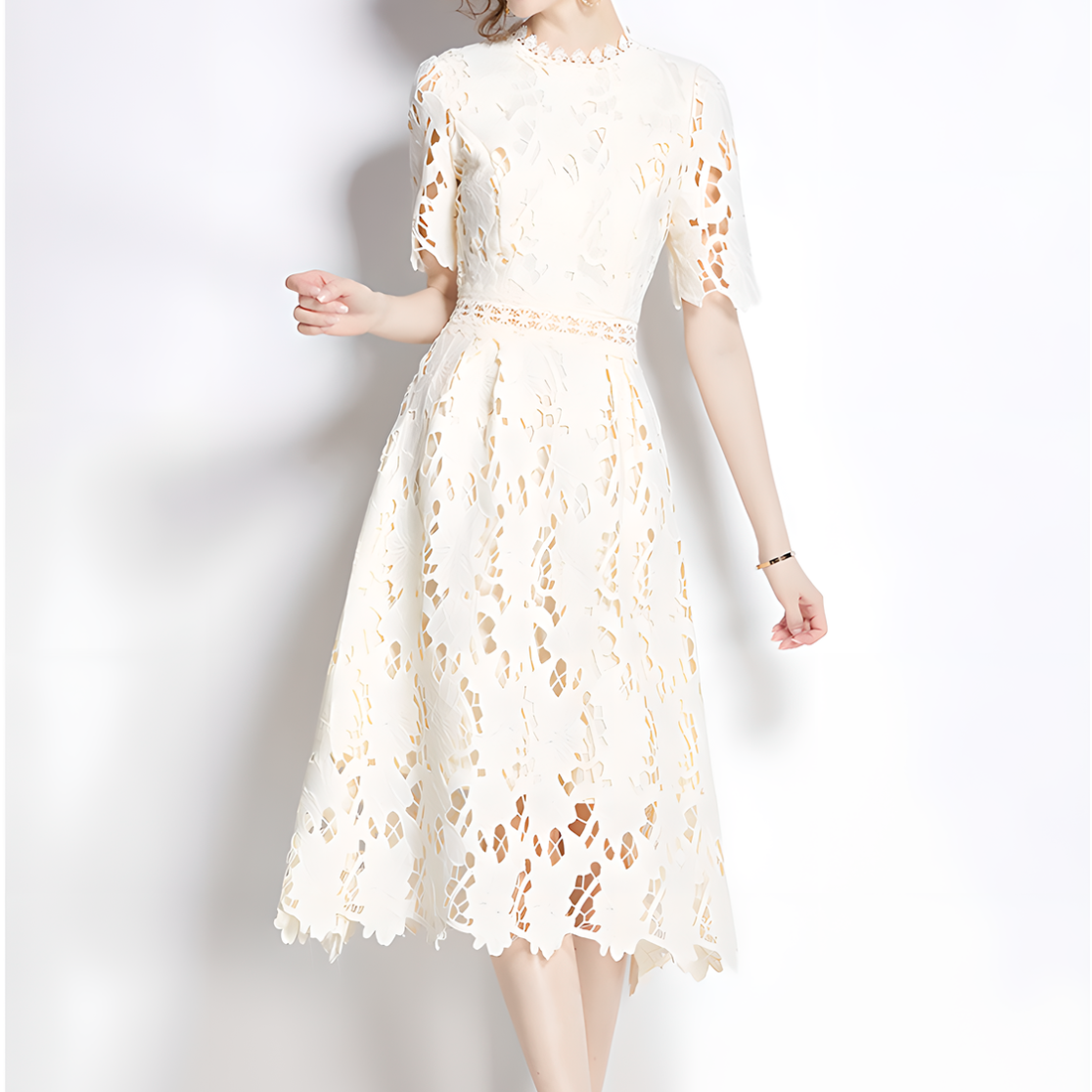 Beige Luxury Lace Dress with Short Sleeves