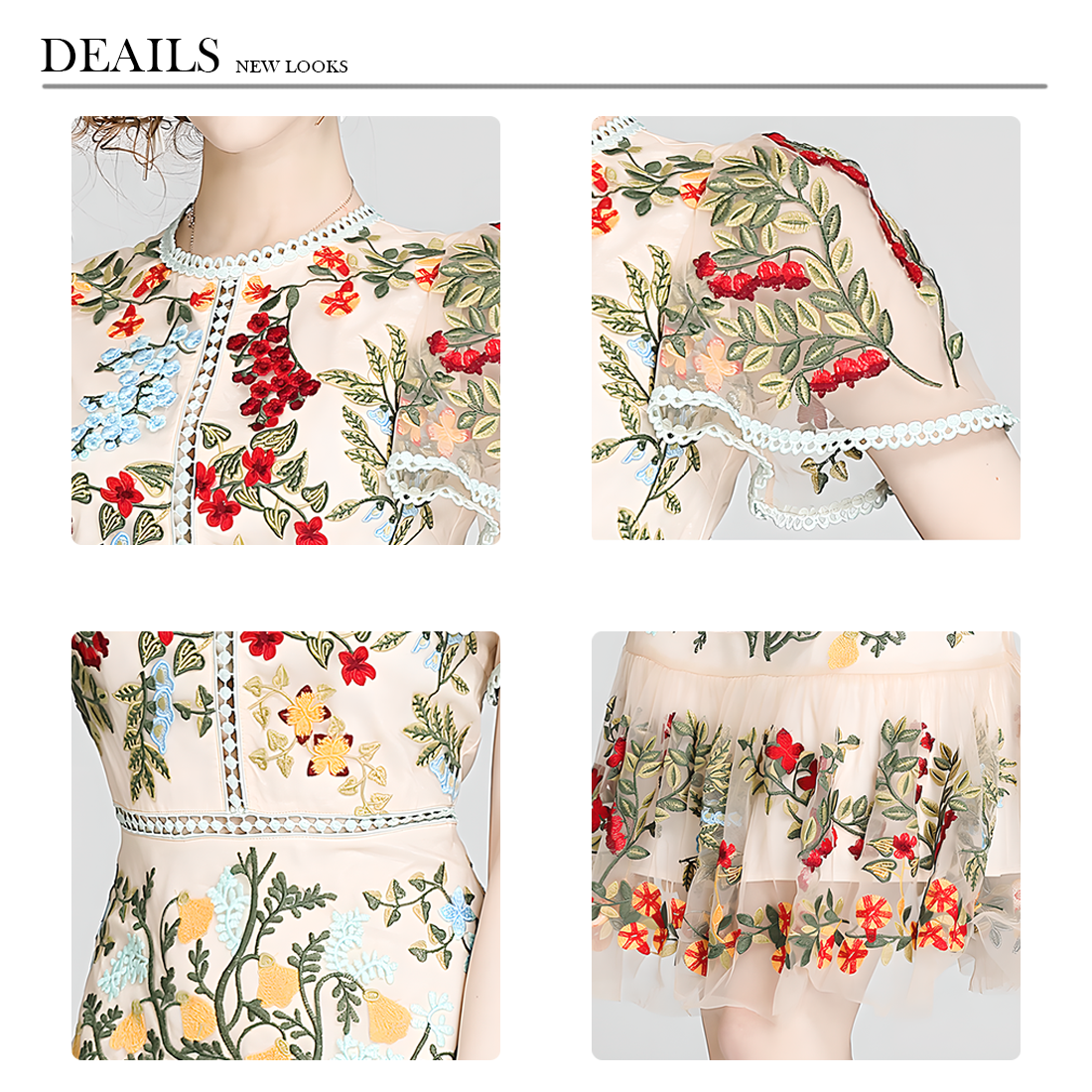 Floral Embroidered Mesh Short-Sleeve Dress
