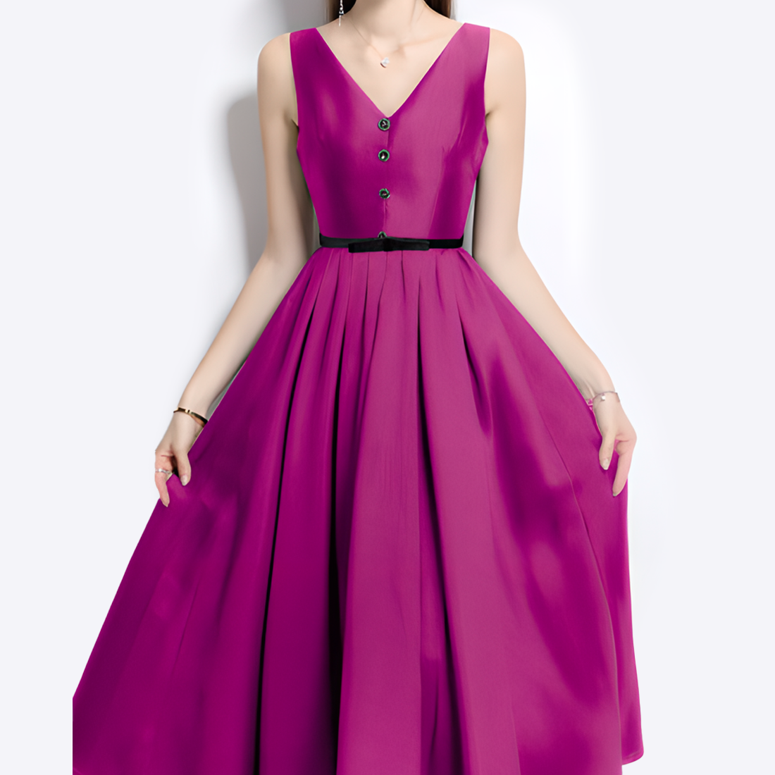 High-Waisted V-Neck Dress with Button Details