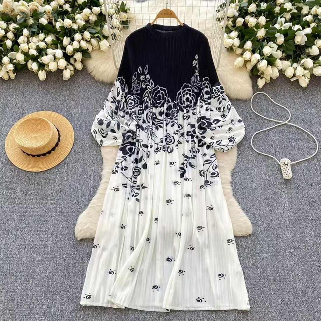 Elegant Long Sleeve Loose Slimming Pleated Dress