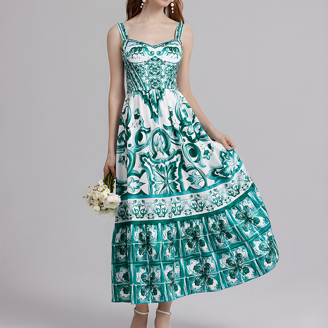 Charming Floral Printed Inspired Spaghetti Strap Midi Dress