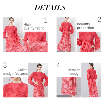 Elegant Long Sleeve Loose Slimming Pleated Dress