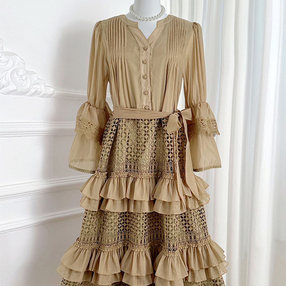 French Vintage Lace Patchwork Bell Sleeve Dress