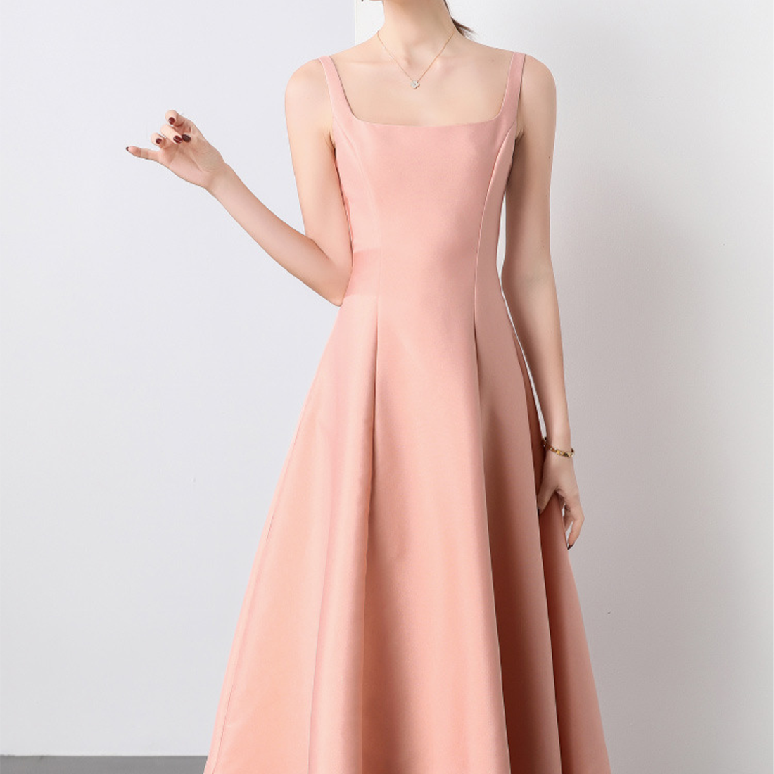 Elegant Square Neck Satin Midi Dress - Pink