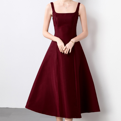 Elegant Square Neck Satin Midi Dress - Wine