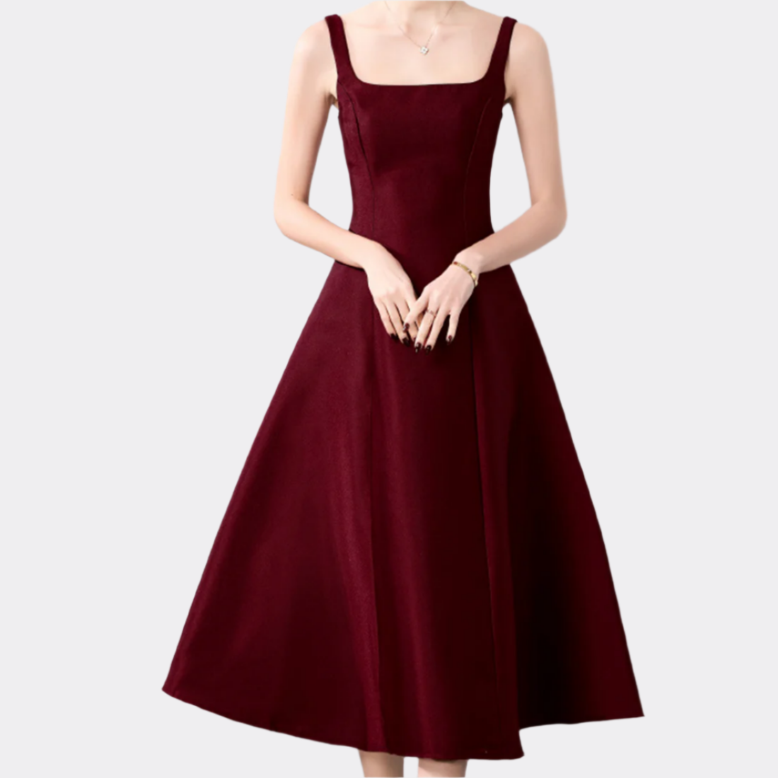 Elegant Square Neck Satin Midi Dress - Wine
