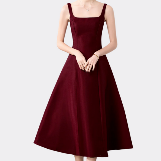 Elegant Square Neck Satin Midi Dress - Wine