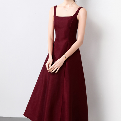 Elegant Square Neck Satin Midi Dress - Wine