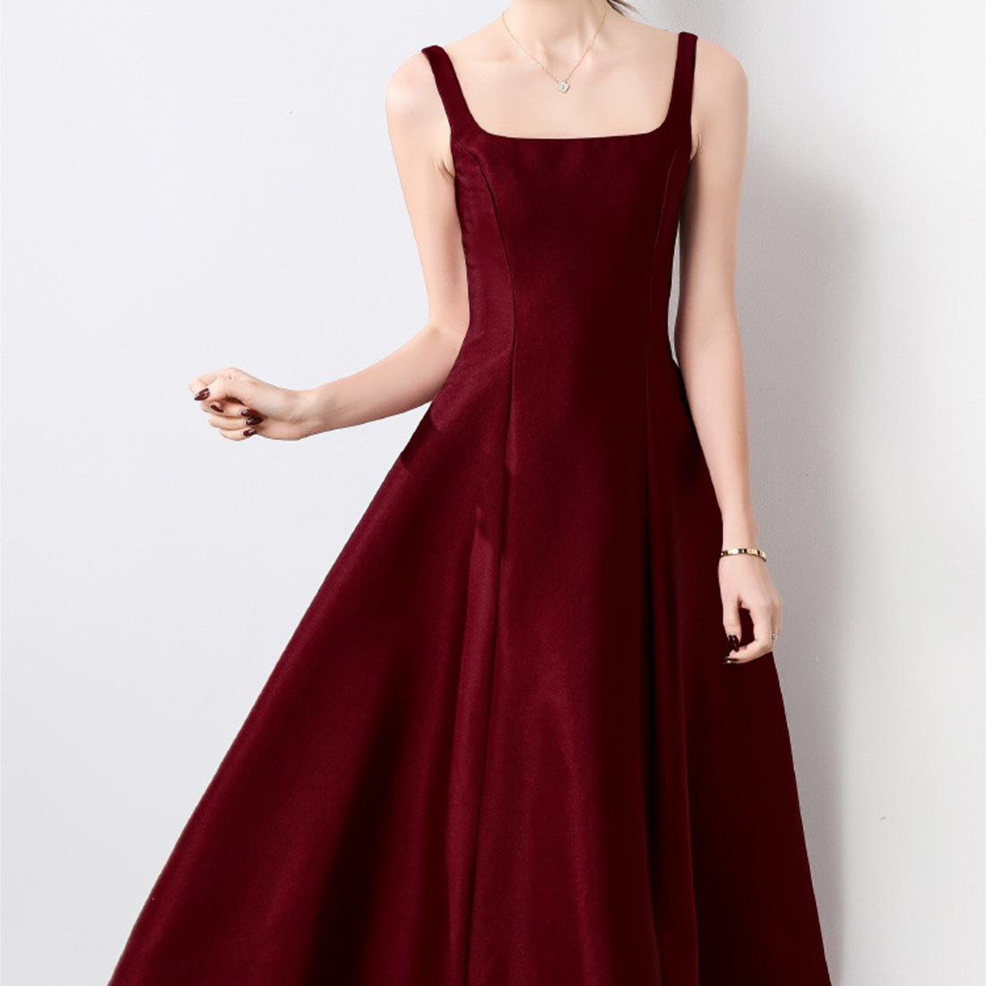 Elegant Square Neck Satin Midi Dress - Wine