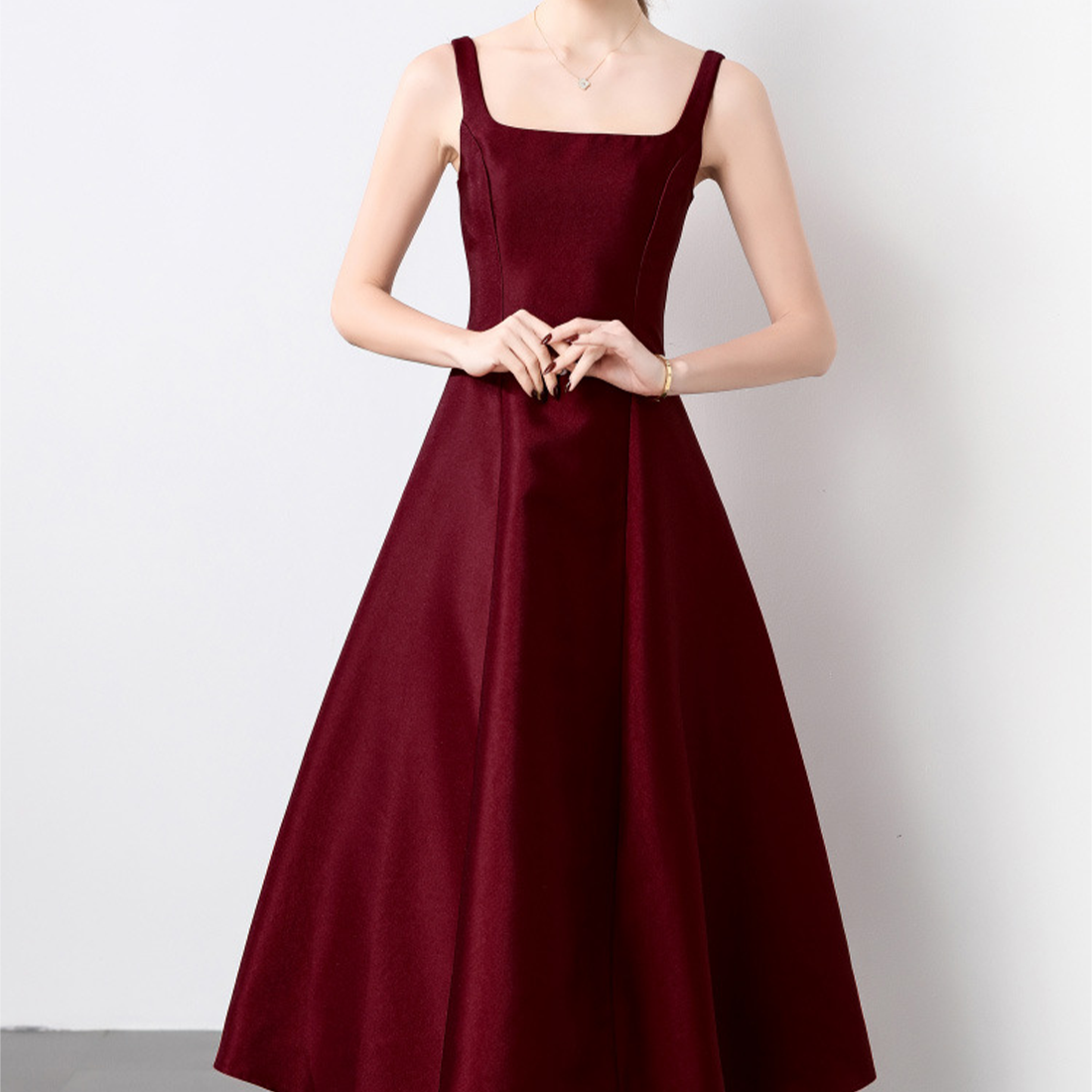Elegant Square Neck Satin Midi Dress - Wine