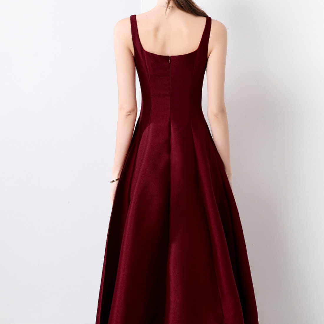 Elegant Square Neck Satin Midi Dress - Wine