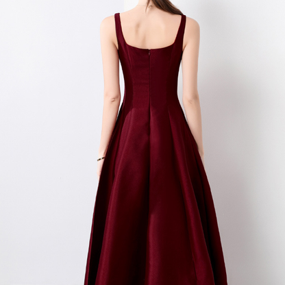 Elegant Square Neck Satin Midi Dress - Wine