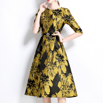 Vintage-Inspired Jacquard Dress with Belt