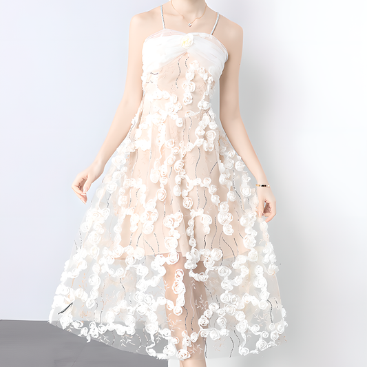 Stereoscopic Flower Mesh Slip Dress