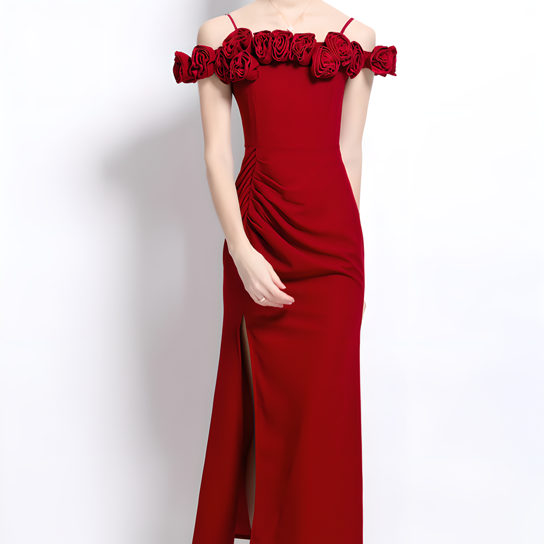 Elegant Red Off-the-Shoulder Floral Dress