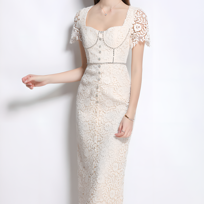Square Neck Rhinestone Lace Dress