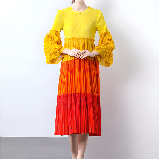 Elegant and Fashionable Pleated Dress with Ruffled Sleeves