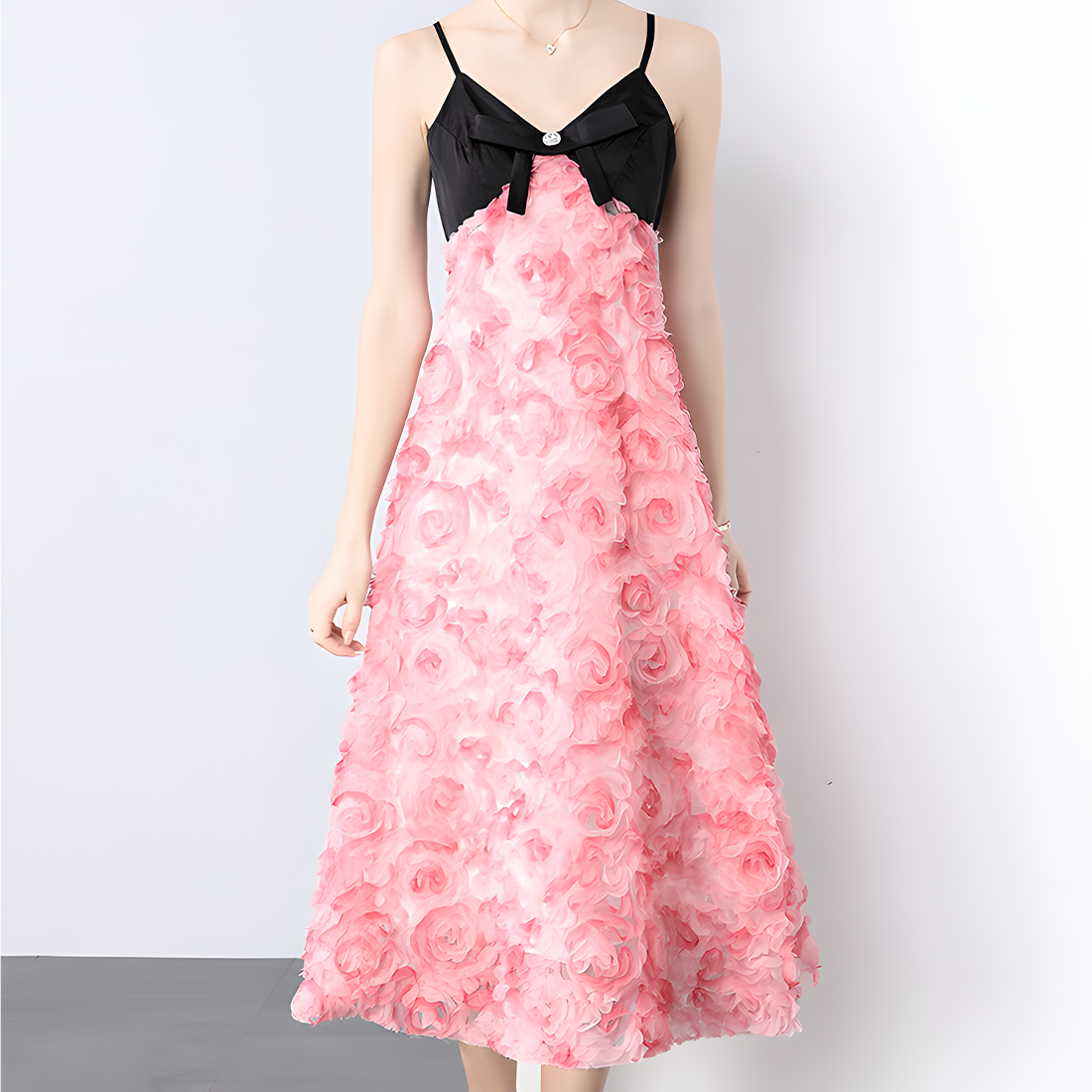 Black Bow Top with Pink Rose Pattern Dress
