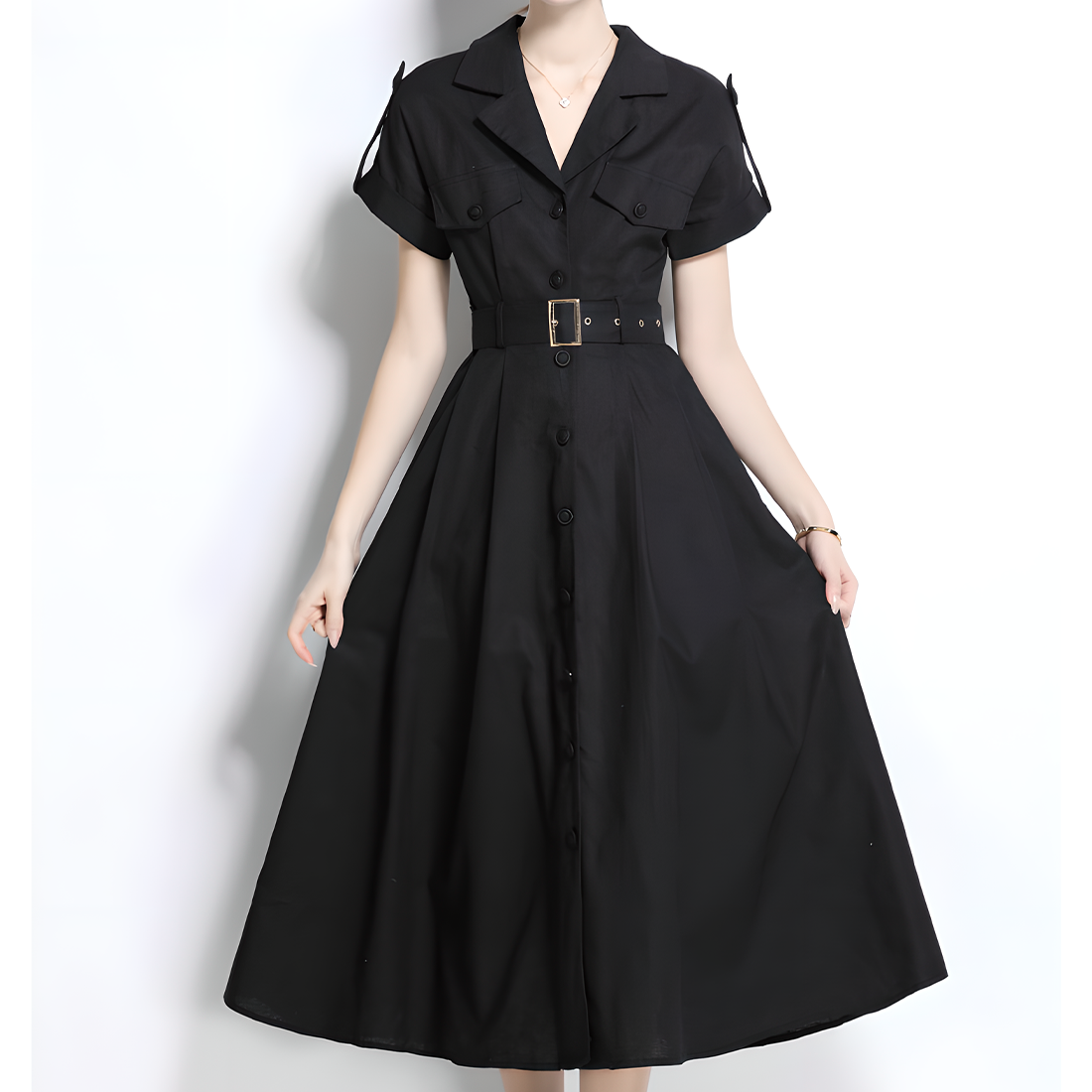 Black Short-Sleeve Shirt Dress with Belt