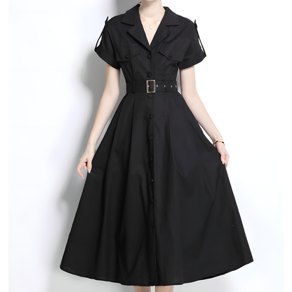 Black Short-Sleeve Shirt Dress with Belt