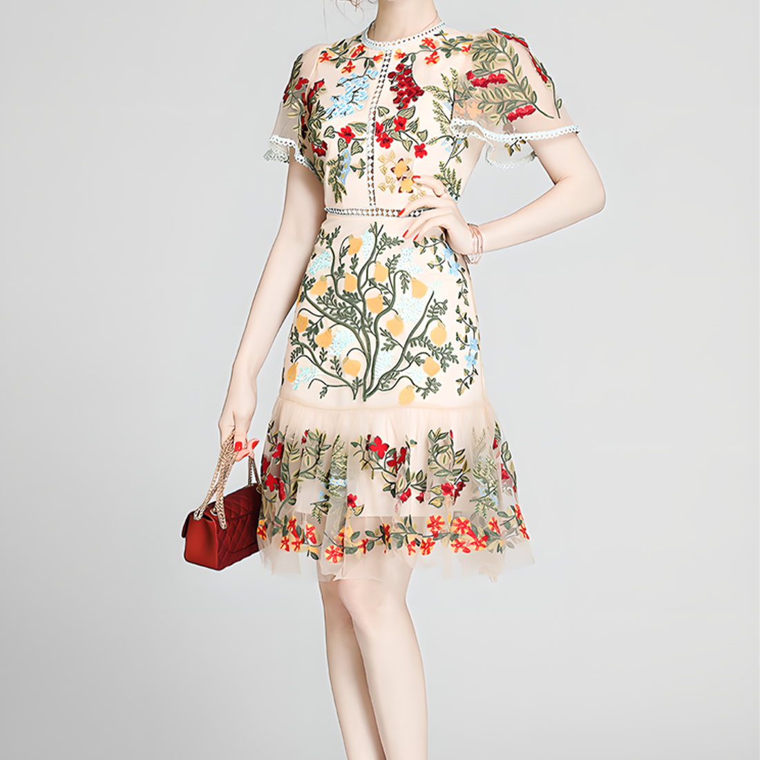 Floral Embroidered Mesh Short-Sleeve Dress