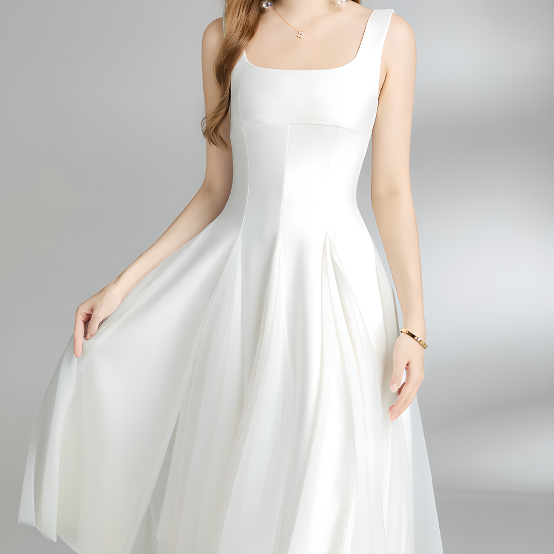 Chic White Tulle Mesh Midi Dress