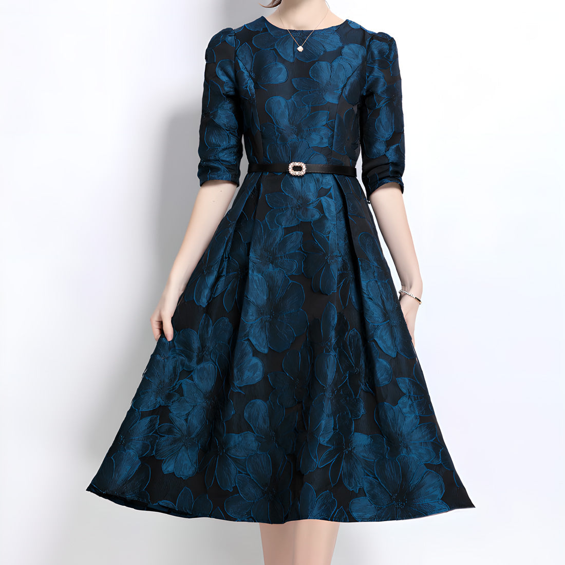 French Floral Jacquard Dress with Waist-Cinching Design
