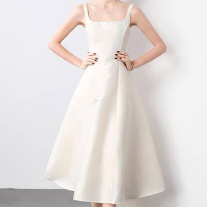 Elegant Square Neck Satin Midi Dress - Beige
