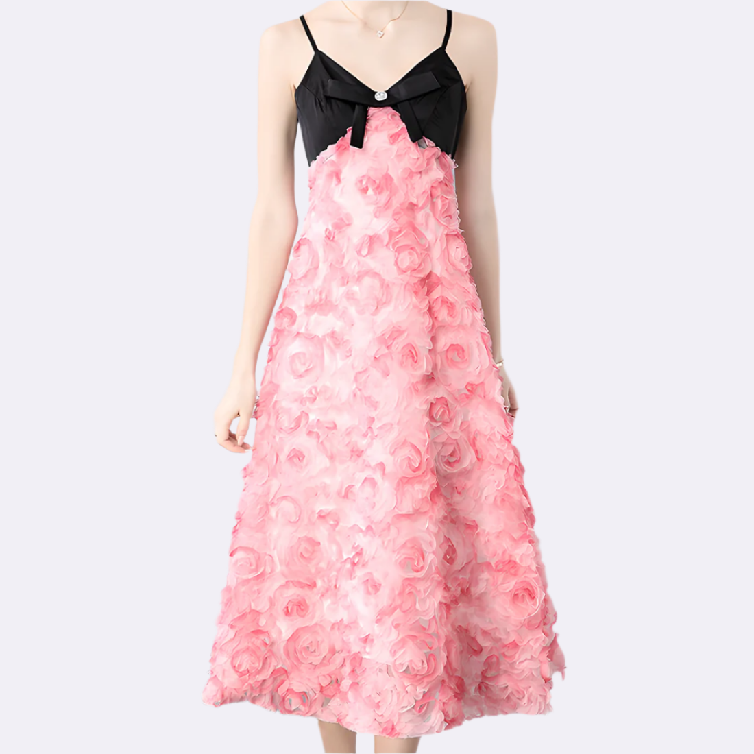 Black Bow Top with Pink Rose Pattern Dress