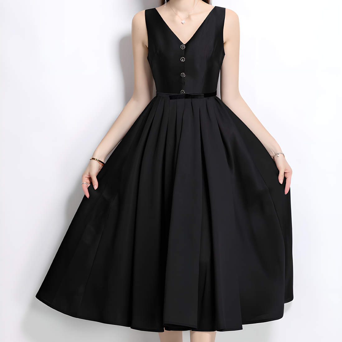 High-Waisted V-Neck Dress with Button Details