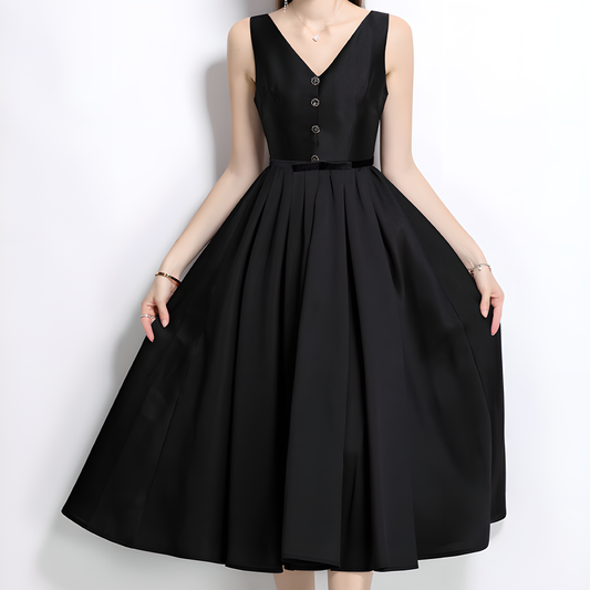 High-Waisted V-Neck Dress with Button Details