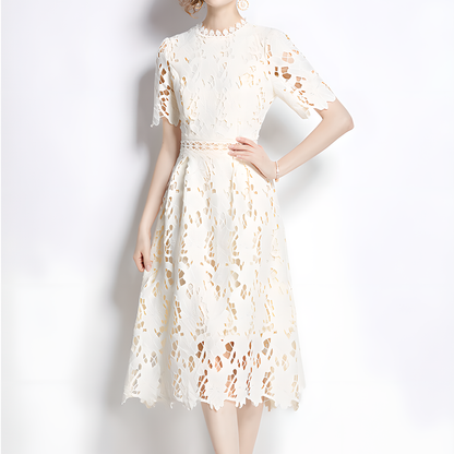 Beige Luxury Lace Dress with Short Sleeves
