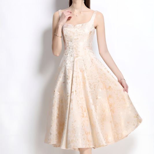 French Square Neckline Dress With Gold Floral Pattern