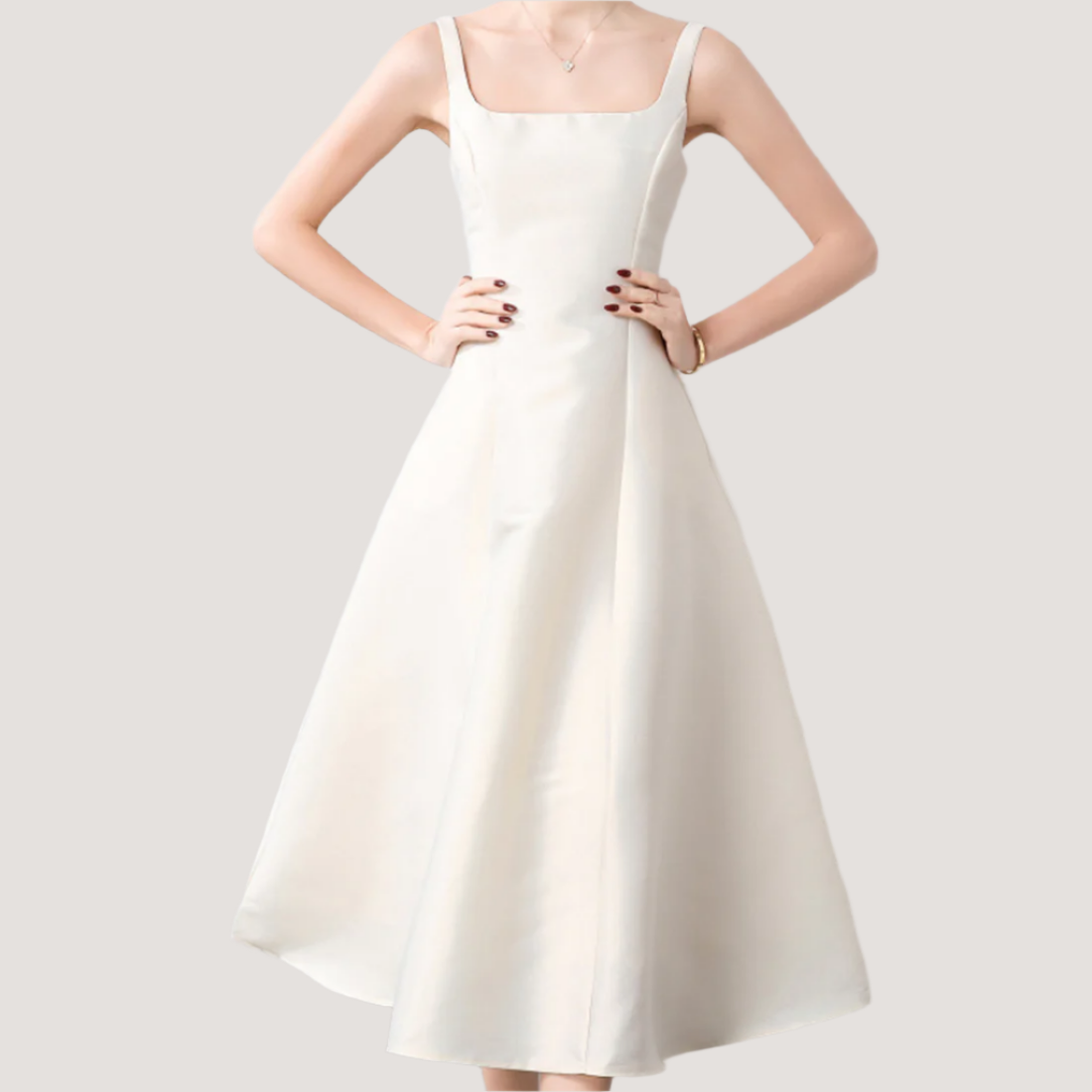 Elegant Square Neck Satin Midi Dress - Beige