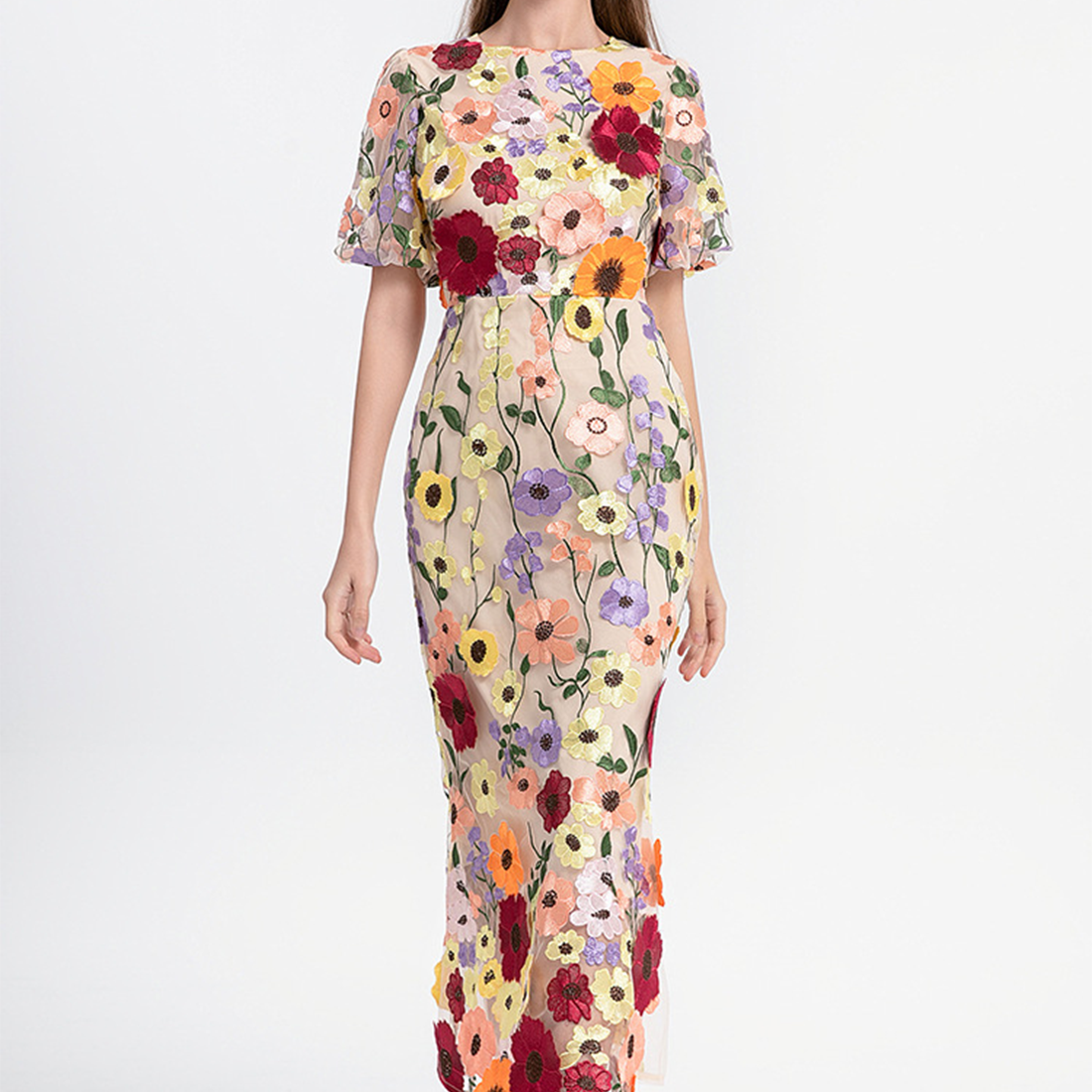 Floral Embroidered Lantern Sleeve Dress