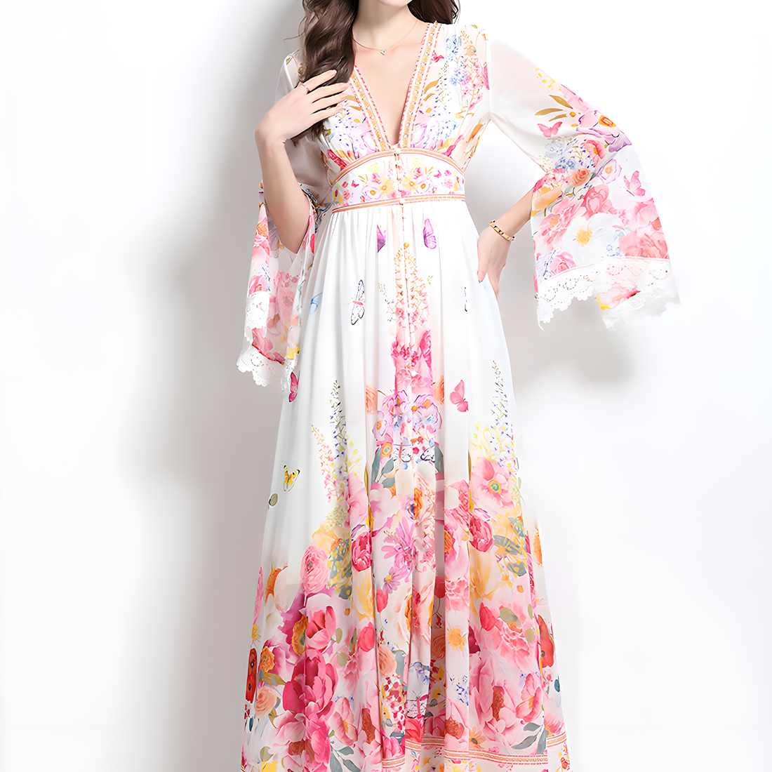 Floral Print Midi Dress with V-Neck and Flared Sleeves