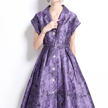 Elegant Floral Jacquard Dress with Belt
