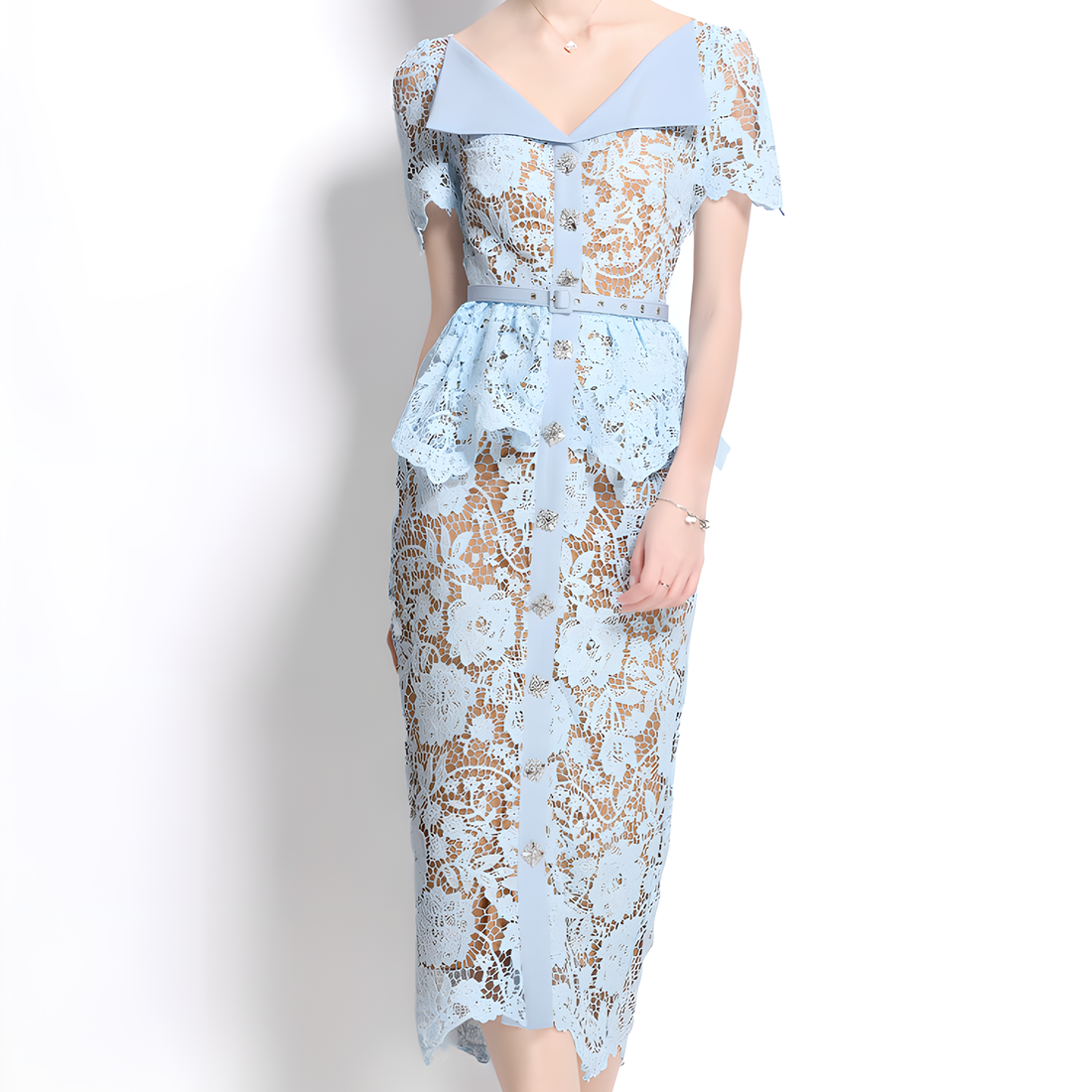 Crystal Button Hollow Lace Dress