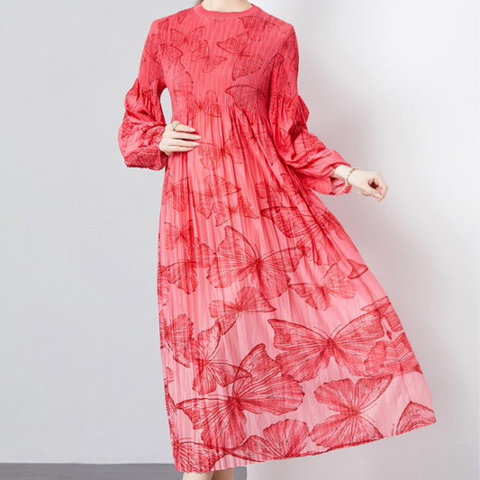 Elegant Long Sleeve Loose Slimming Pleated Dress